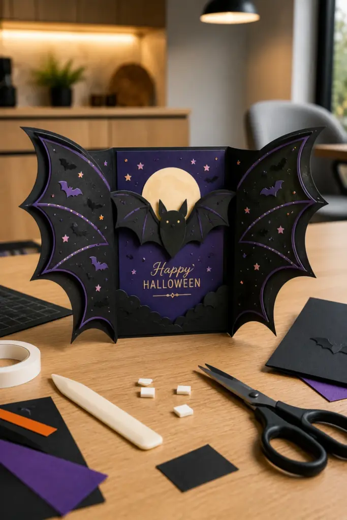 Easy Halloween Card Template Recipe Ideas to Try featuring a modern bat wing fold Halloween card opened like realistic bat wings.