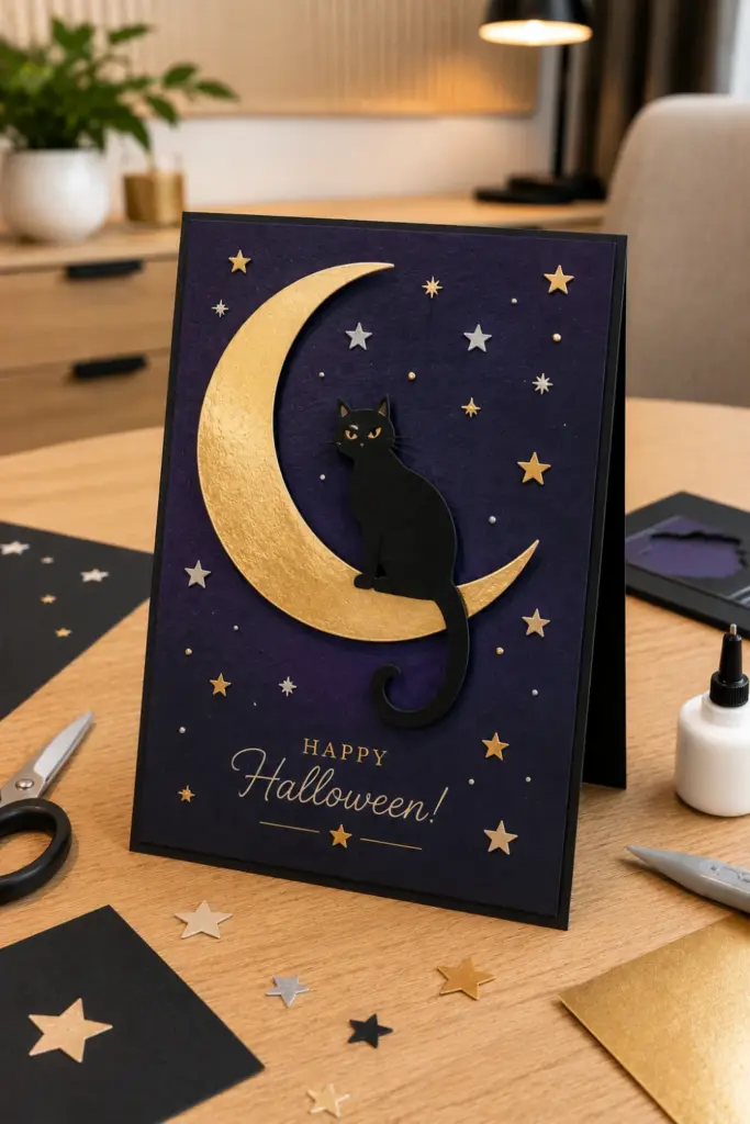 Easy Halloween Card Template Recipe Ideas to Try featuring a sleek black cat silhouette perched elegantly on a crescent moon Halloween card.