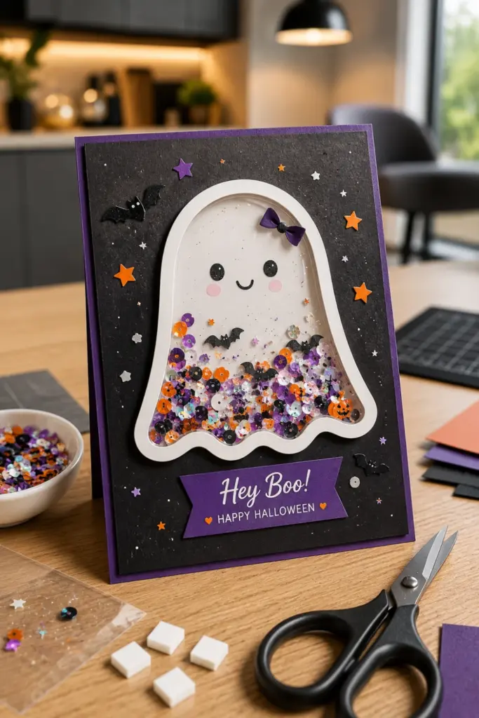 Easy Halloween Card Template Recipe Ideas to Try featuring a cute ghost shaker card filled with colorful Halloween sequins.