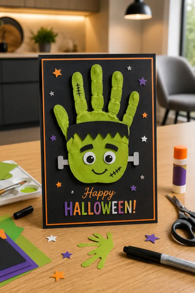 Easy Halloween Card Template Recipe Ideas to Try featuring a colorful Frankenstein handprint keepsake Halloween card for kids.