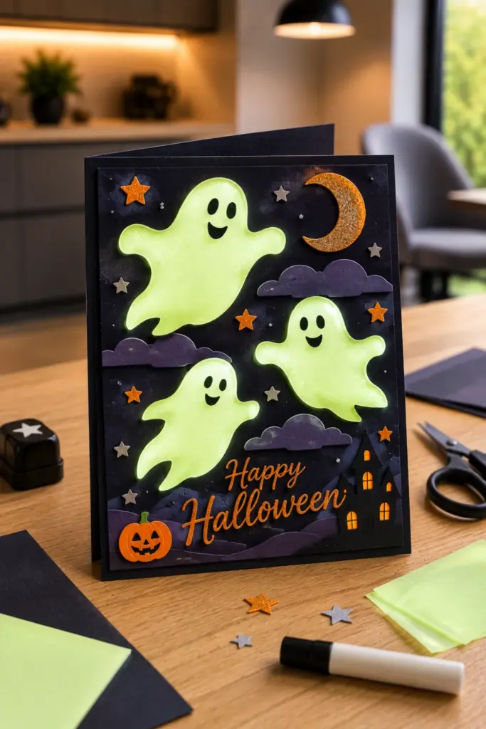 Easy Halloween Card Template Recipe Ideas to Try featuring a glow-in-the-dark ghost Halloween card on a starry midnight-sky background.