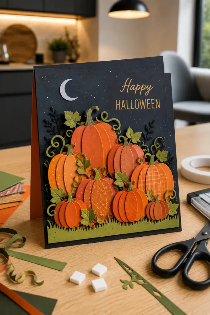 Easy Halloween Card Template Recipe Ideas to Try featuring a dimensional layered pumpkin patch Halloween card with curled vines.