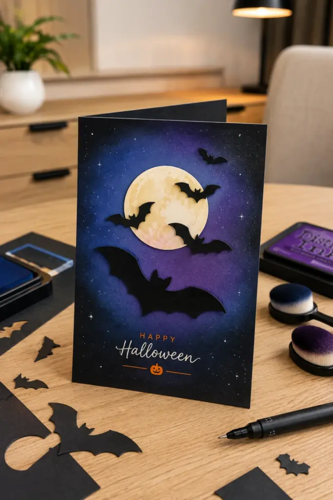 Easy Halloween Card Template Recipe Ideas to Try featuring midnight bat silhouettes flying across a glowing full moon and blended night sky.