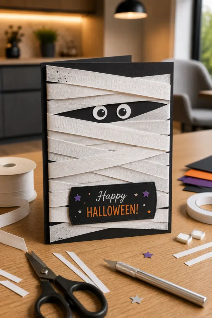 Easy Halloween Card Template Recipe Ideas to Try featuring a modern mummy-wrap ribbon Halloween card with layered white strips and expressive eyes.