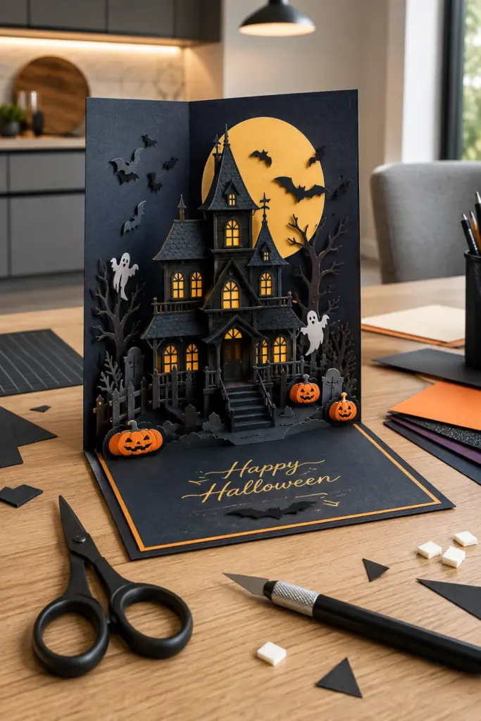 Easy Halloween Card Template Recipe Ideas to Try featuring a colorful modern spooky pop-up haunted house card with dimensional Halloween details.