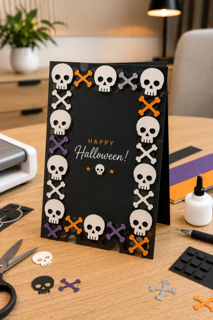 Easy Halloween Card Template Recipe Ideas to Try featuring a modern skull and crossbones die-cut Halloween card with a bold decorative border.