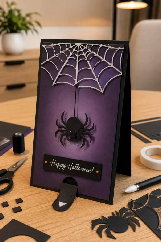 Easy Halloween Card Template Recipe Ideas to Try featuring an interactive spider dangling pull-tab Halloween card with a moving spider mechanism.