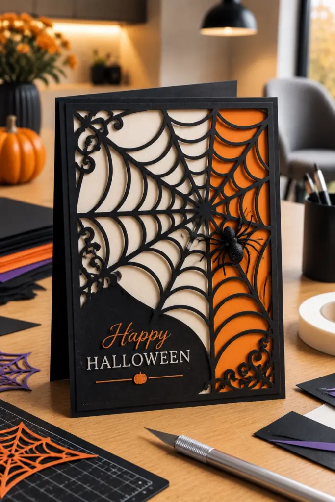 Easy Halloween Card Template Recipe Ideas to Try featuring an elegant black cardstock spiderweb lace cut-out Halloween card with delicate detailing.