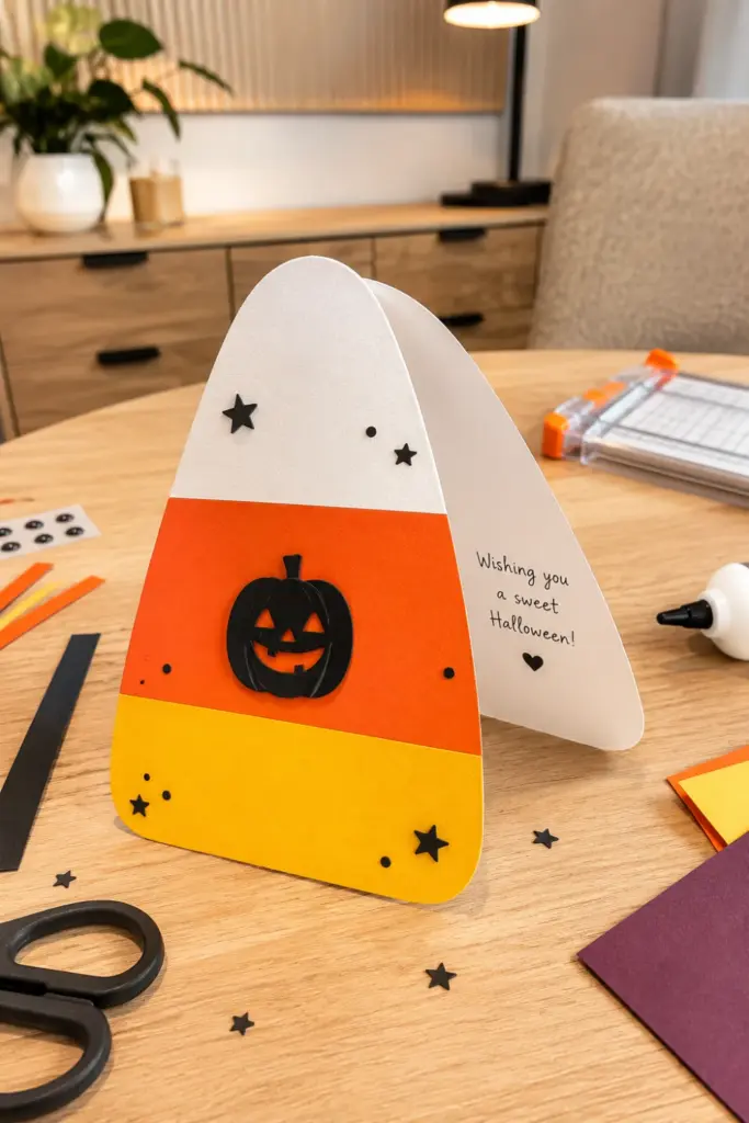 Easy Halloween Card Template Recipe Ideas to Try featuring a colorful candy corn-shaped Halloween card with layered orange, yellow, and white details.