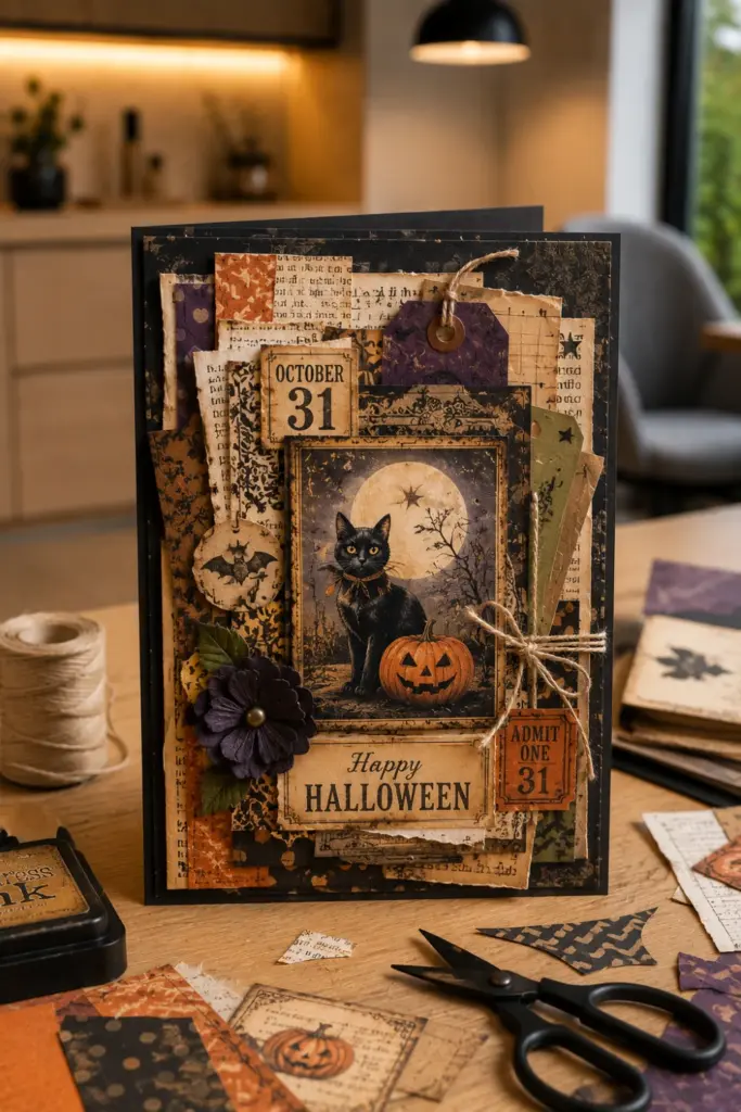 Easy Halloween Card Template Recipe Ideas to Try featuring a layered vintage junk journal Halloween card with tags, ephemera, and rich patterns.