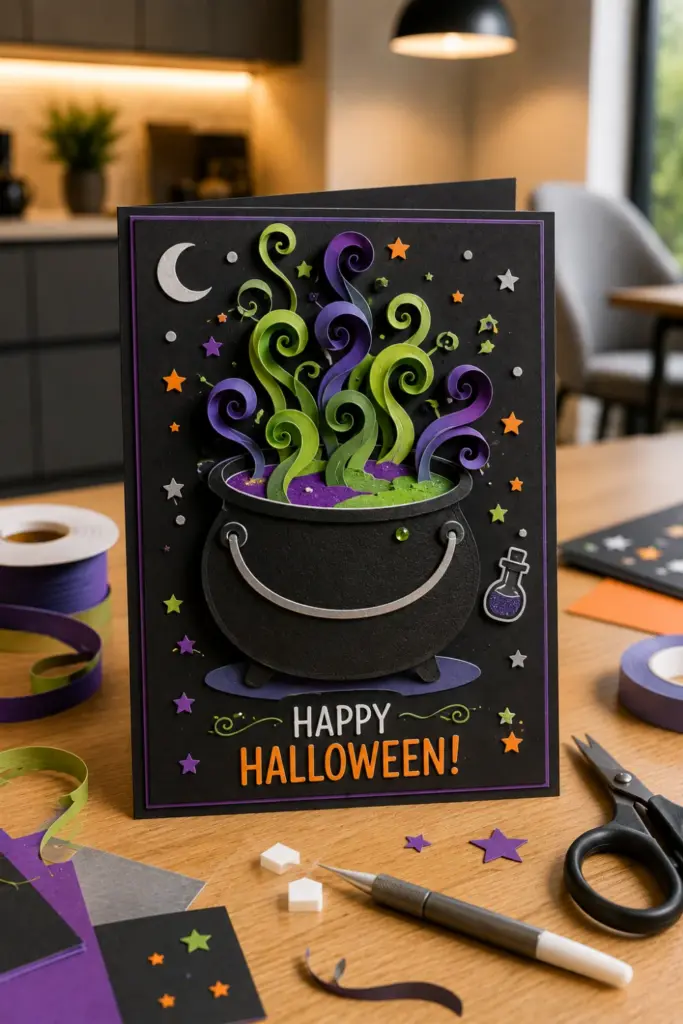 Easy Halloween Card Template Recipe Ideas to Try featuring a dimensional witch's cauldron bubble card with curled paper steam and vivid Halloween colors.