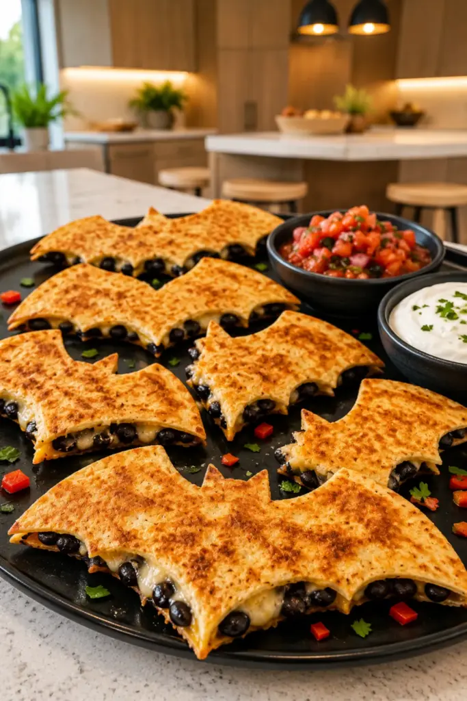 Easy Halloween Chefs Club Recipe Ideas featuring crispy bat wing quesadillas filled with black beans and melted cheese, served with Halloween dipping sauces.