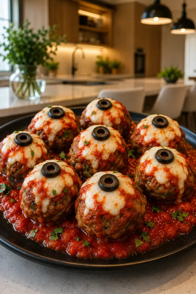 Easy Halloween Chefs Club Recipe Ideas featuring bloody eyeball meatballs topped with mozzarella and black olives, served over rich marinara sauce.