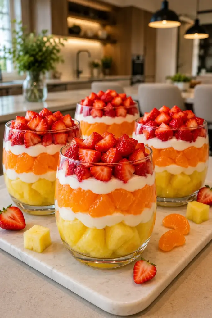 Easy Halloween Chefs Club Recipe Ideas featuring layered candy corn fruit parfaits with pineapple, orange segments, strawberries, and yogurt in clear glasses.