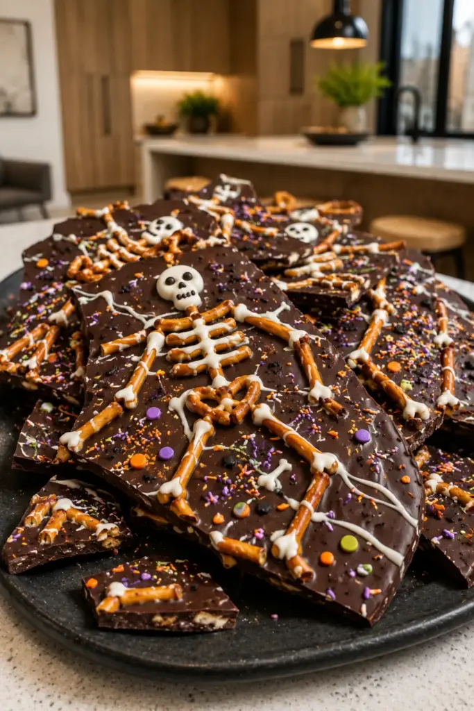 Easy Halloween Chefs Club Recipe Ideas featuring chocolate skeleton bark decorated with pretzel bones, white chocolate drizzle, and Halloween sprinkles.