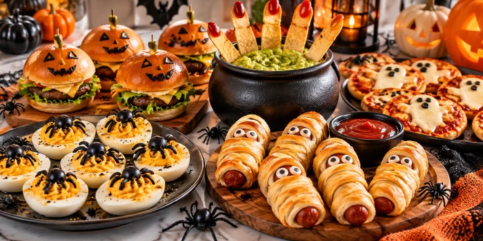 Easy Halloween Chefs Club Recipe Ideas featuring fun spooky party foods, mummy-inspired appetizers, Halloween sliders, deviled eggs, ghost pizzas, and festive treats arranged on a stylish Halloween table.
