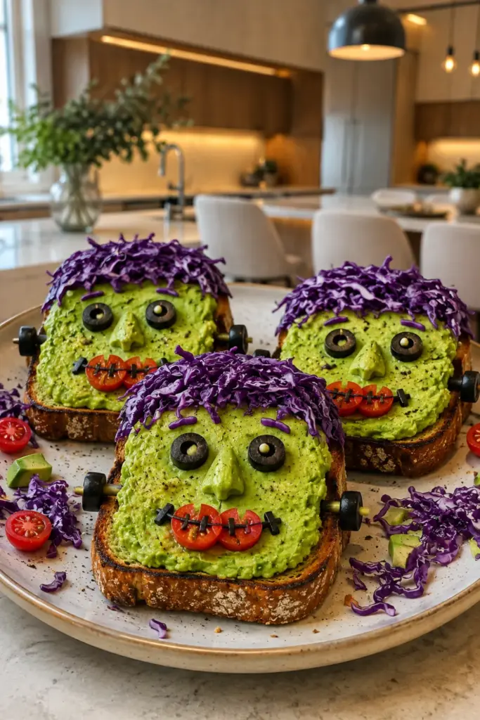 Easy Halloween Chefs Club Recipe Ideas featuring Frankenstein avocado toast with green avocado, purple cabbage, olive eyes, and tomato details.