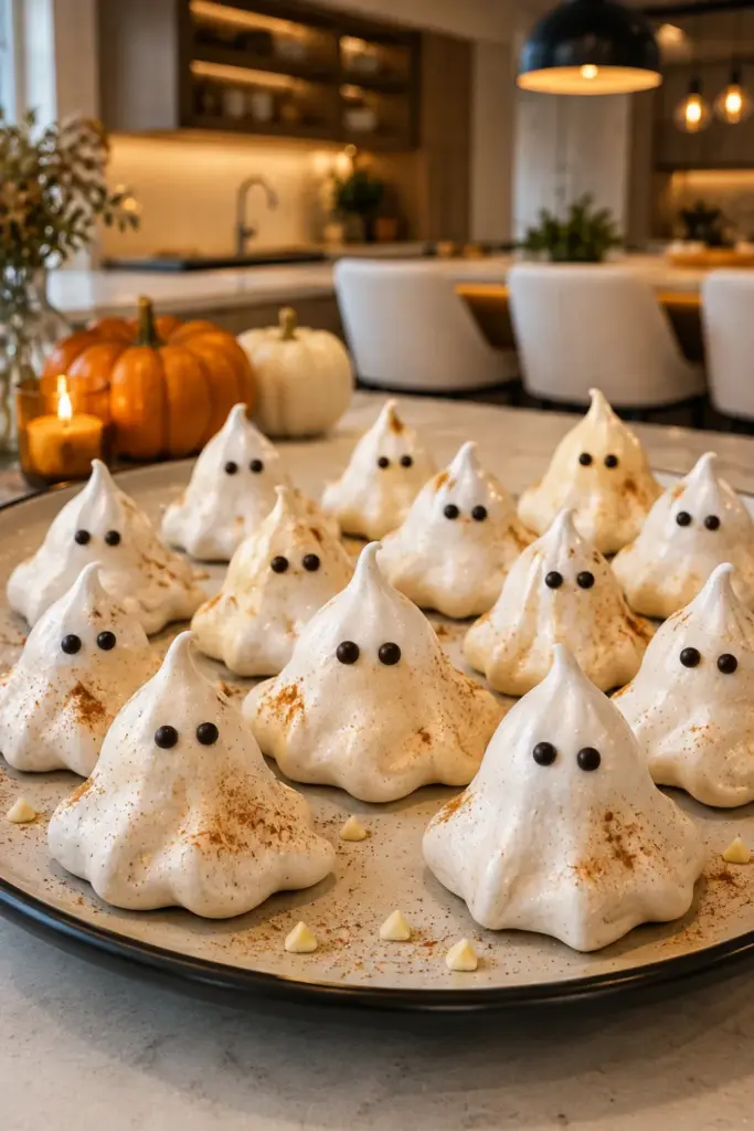 Easy Halloween Chefs Club Recipe Ideas featuring pumpkin-spice ghostly meringue cookies with crisp white shapes and chocolate-chip eyes.