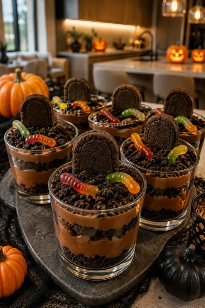 Easy Halloween Chefs Club Recipe Ideas featuring layered chocolate pudding and Oreo graveyard dirt cups topped with gummy worms and cookie tombstones.
