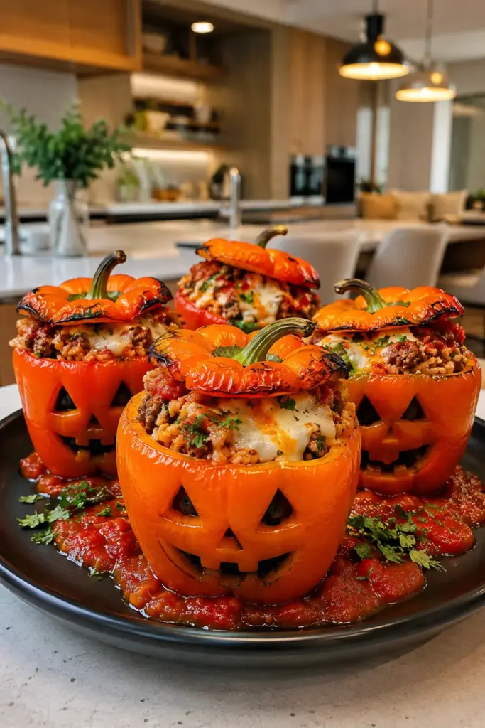 Easy Halloween Chefs Club Recipe Ideas featuring Jack-O-Lantern stuffed peppers filled with seasoned ground turkey, rice, tomato sauce, and melted cheese.