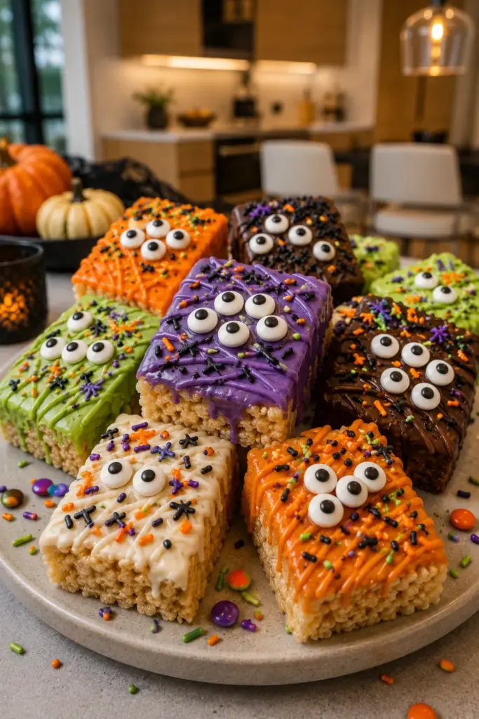 Easy Halloween Chefs Club Recipe Ideas showing colorful monster Rice Krispie treats covered in chocolate, candy eyes, and Halloween sprinkles.