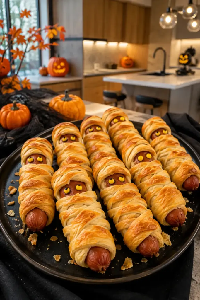 Easy Halloween Chefs Club Recipe Ideas featuring golden mummy hot dogs wrapped in flaky pastry with mustard eyes on a festive modern Halloween table.