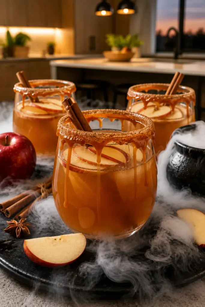 Easy Halloween Chefs Club Recipe Ideas featuring poison apple cider with caramel rims, cinnamon accents, and a dramatic, safe dry-ice effect.