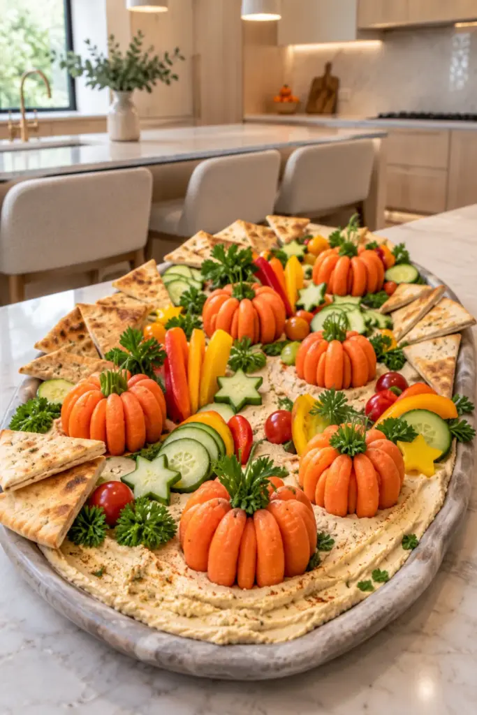 Easy Halloween Chefs Club Recipe Ideas featuring a pumpkin patch hummus board decorated with carrots, cucumber, peppers, pita wedges, and fresh herbs.