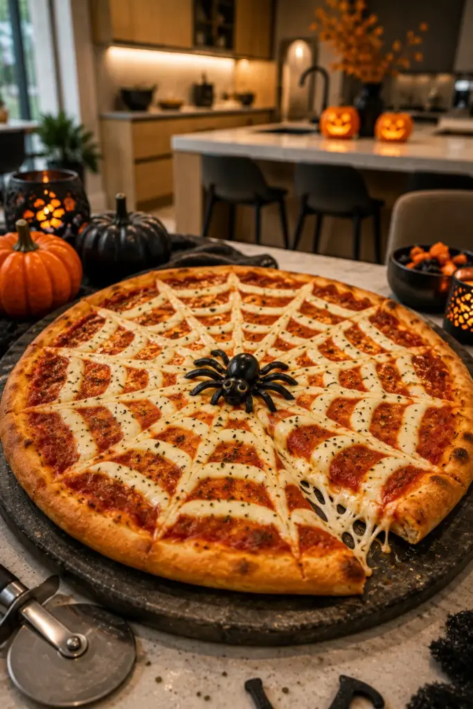 Easy Halloween Chefs Club Recipe Ideas featuring a cheesy spider web pizza topped with black olive spider details on a modern Halloween table.