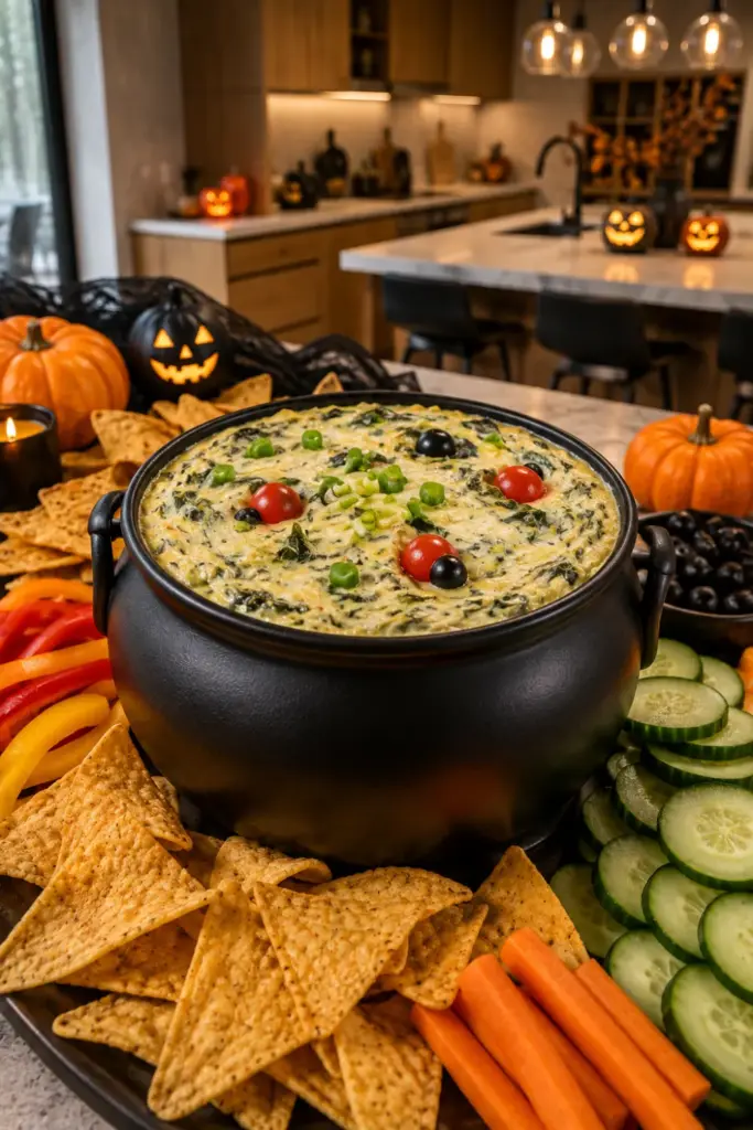 Easy Halloween Chefs Club Recipe Ideas featuring creamy witch’s cauldron spinach artichoke dip with tortilla chips and fresh vegetables in a stylish Halloween setting.