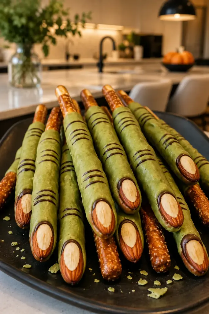 Easy Halloween Chefs Club Recipe Ideas featuring spooky witch finger pretzels with candy coating, almond fingernails, and chocolate knuckle details.