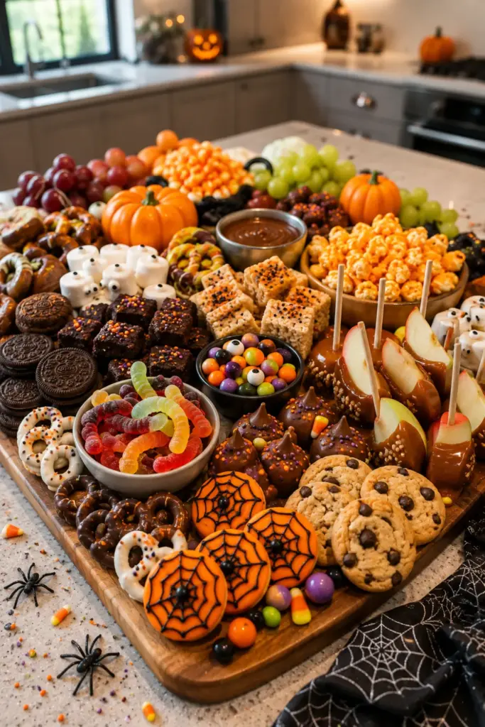 Easy Halloween Dessert Board filled with cookies, brownie bites, popcorn, gummy worms, candycorn, marshmallows, chocolate treats, and fruit.