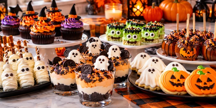 Easy Halloween desserts recipe ideas featuring spooky ghost cookies, Halloween cupcakes, caramel apples, parfaits, and festive treats perfect for parties.