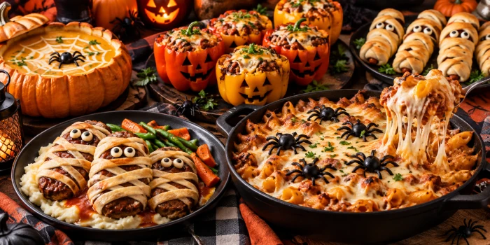 Easy Halloween Dinner Recipe Ideas: Cozy Meals featuring festive mummy meatloaf, cheesy baked pasta, jack-o-lantern stuffed peppers, and pumpkin soup