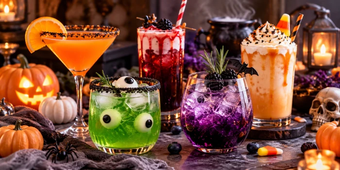 Easy Halloween drinks recipe ideas featuring colorful spooky sips in orange, green, red, and purple with Halloween garnishes, pumpkins, candles, candy corn, and eerie party decor.