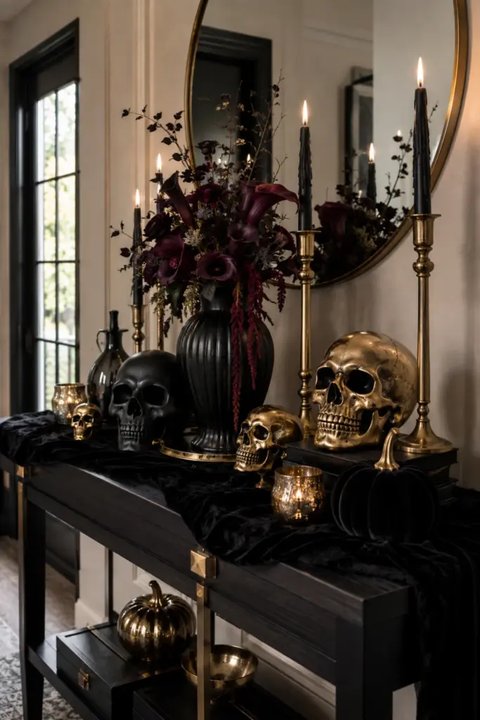 Easy Halloween entryway table decor design ideas for 2026 with glamorous black and gold skulls, metallic candleholders, velvet accents, and elegant styling.