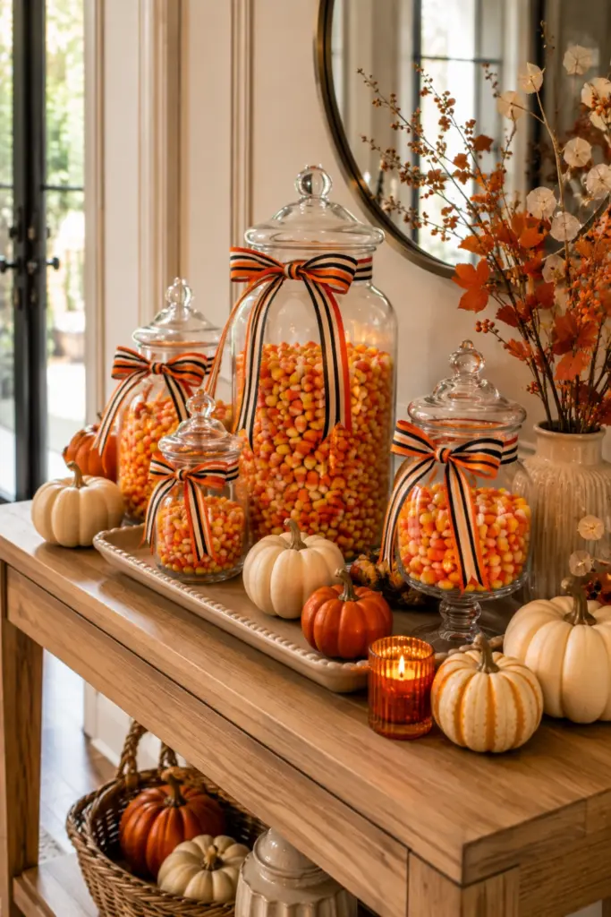 Easy Halloween Entryway Table Decor Designs Ideas for 2026 featuring glass jars filled with candy corn, striped ribbon, pumpkins, and colorful modern Halloween entryway décor.