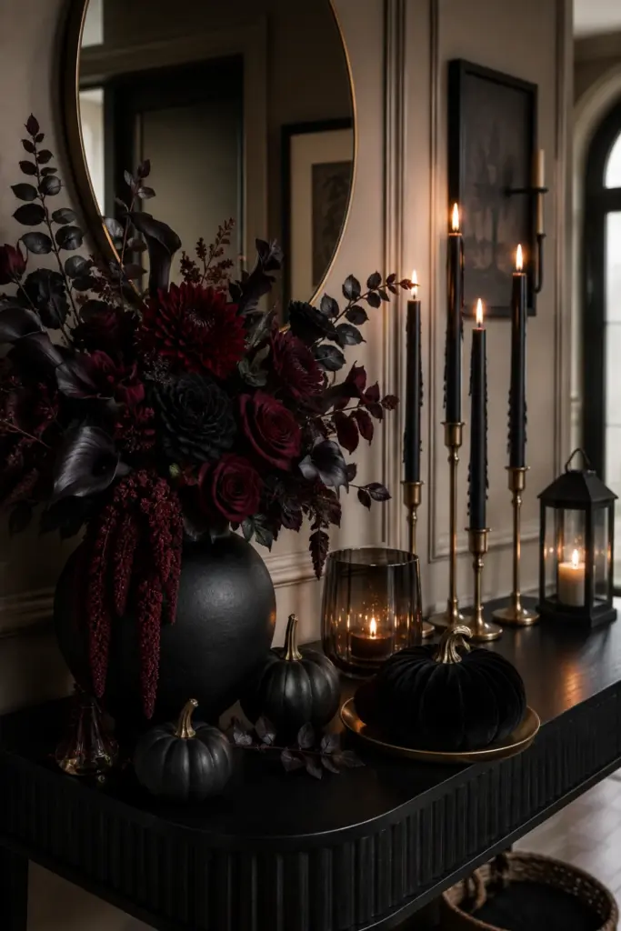 Easy Halloween Entryway Table Decor Designs Ideas for 2026 featuring all-black décor, dramatic flowers, dripping candles, velvet accents, and sophisticated modern Halloween styling.