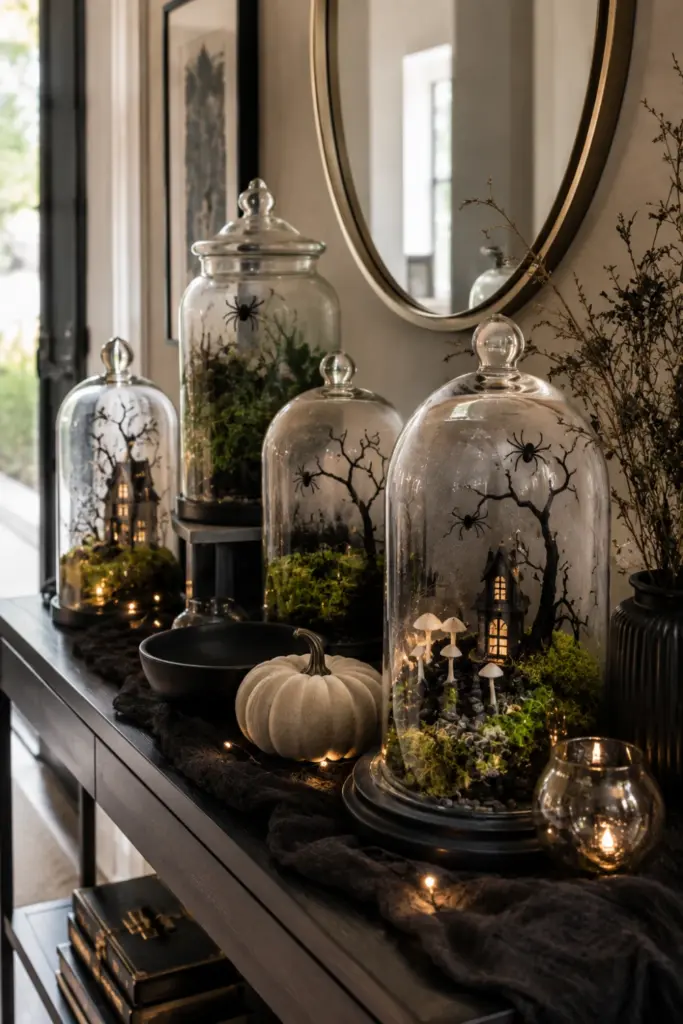 Easy Halloween Entryway Table Decor Designs Ideas for 2026 featuring glass terrariums filled with moss, spiders, foggy details, and modern Halloween styling.