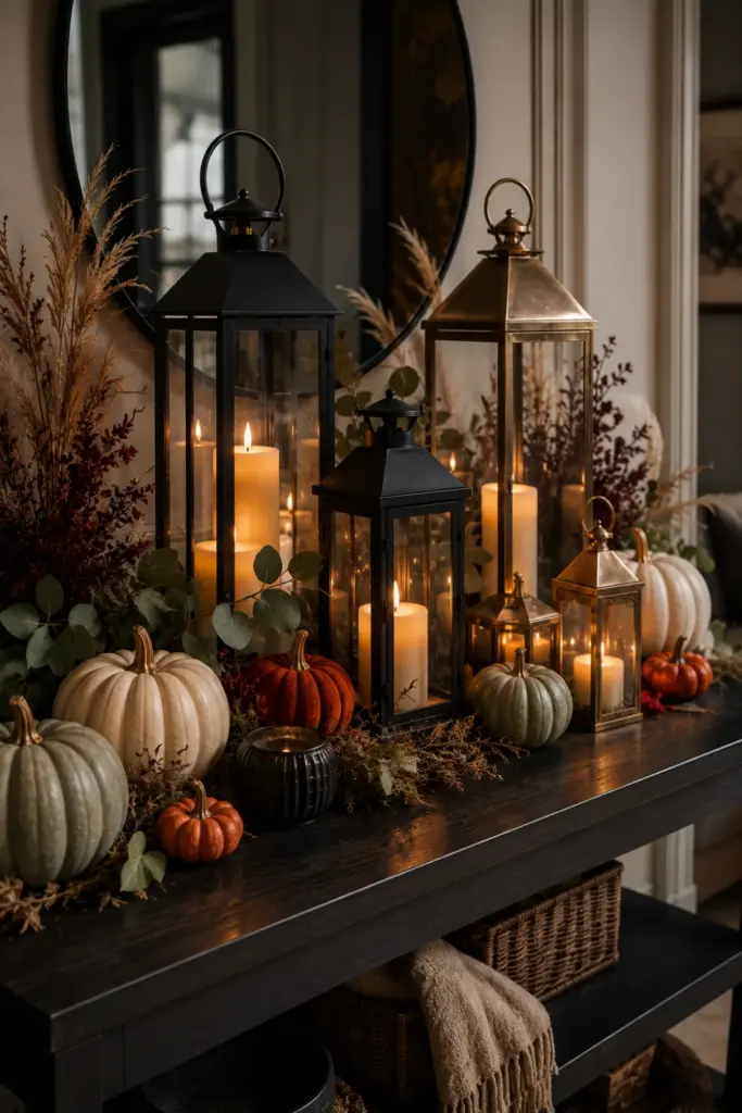 Easy Halloween Entryway Table Decor Designs Ideas for 2026 featuring layered illuminated lanterns, flickering LED candles, pumpkins, greenery, and modern entryway styling.