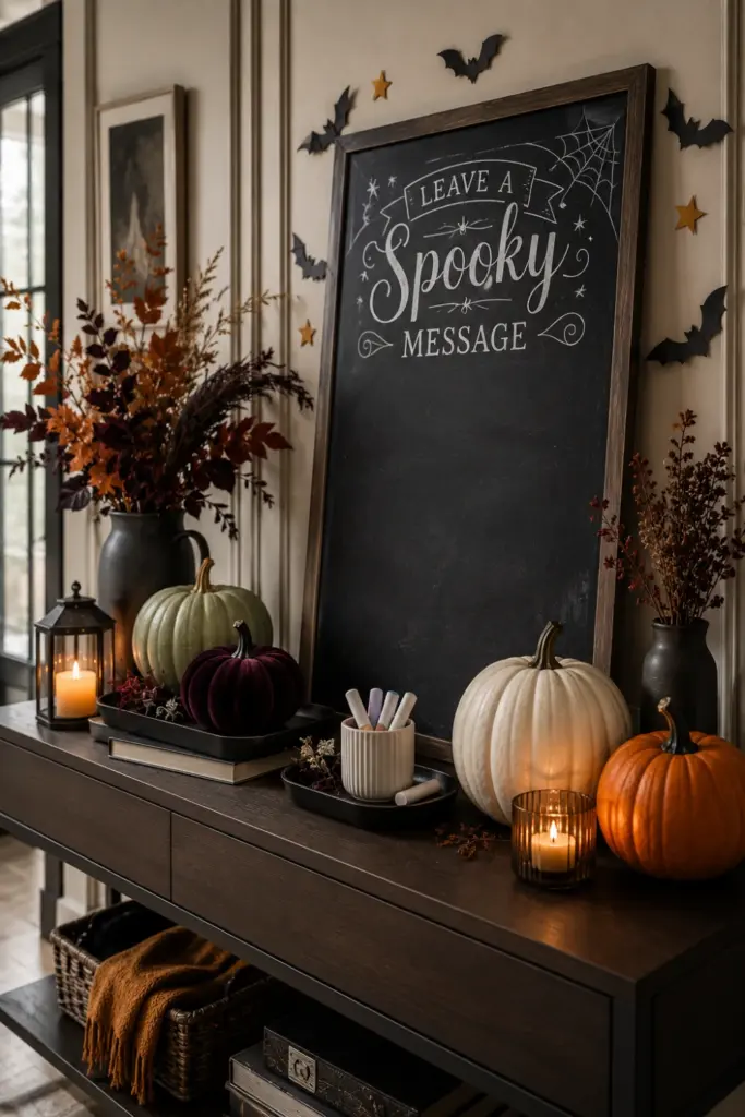 Easy Halloween Entryway Table Decor Designs Ideas for 2026 featuring a framed chalkboard for spooky guest messages with pumpkins, candles, and modern entryway accents.
