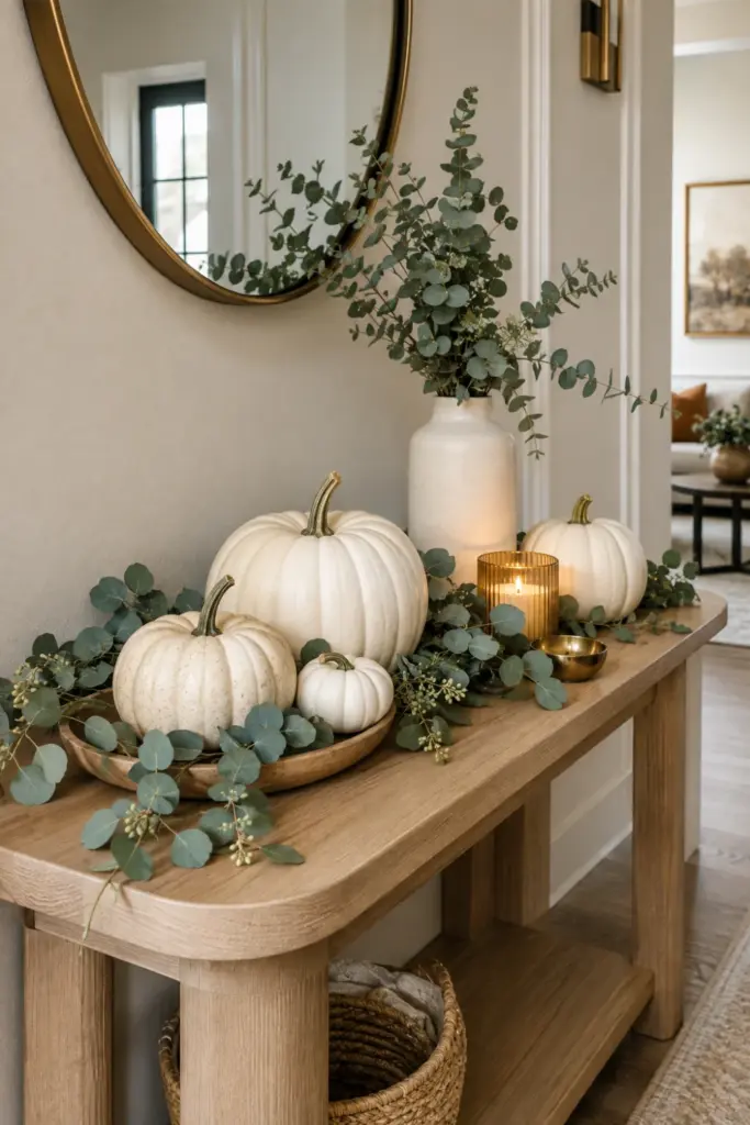 Easy Halloween entryway table decor design ideas for 2026 with white pumpkins, eucalyptus garland, warm wood tones, and elegant modern styling.