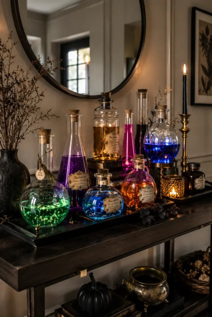 Easy Halloween Entryway Table Decor Designs Ideas for 2026 featuring a colorful modern Halloween potion bar with glass flasks, glowing liquids, labels, and elegant entryway styling.