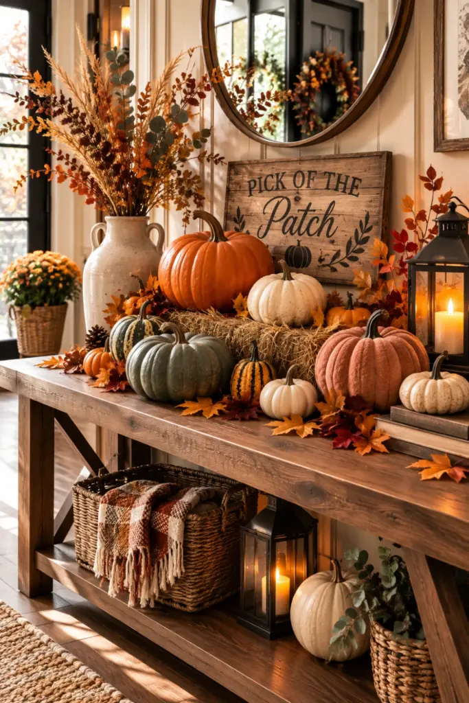 Easy Halloween Entryway Table Decor Designs Ideas for 2026 with real pumpkins, mini hay bales, autumn leaves, and a rustic Pick of the Patch entryway display.