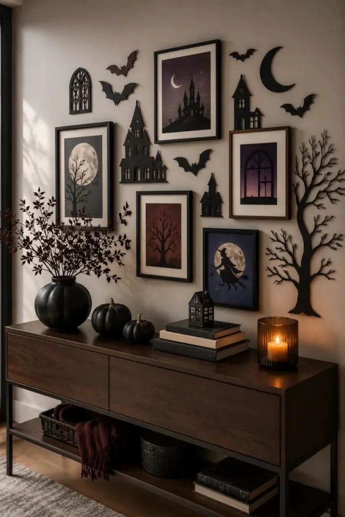Easy Halloween Entryway Table Decor Designs Ideas for 2026 featuring a modern silhouette gallery of paper bats and haunted houses above a stylish Halloween entryway table.