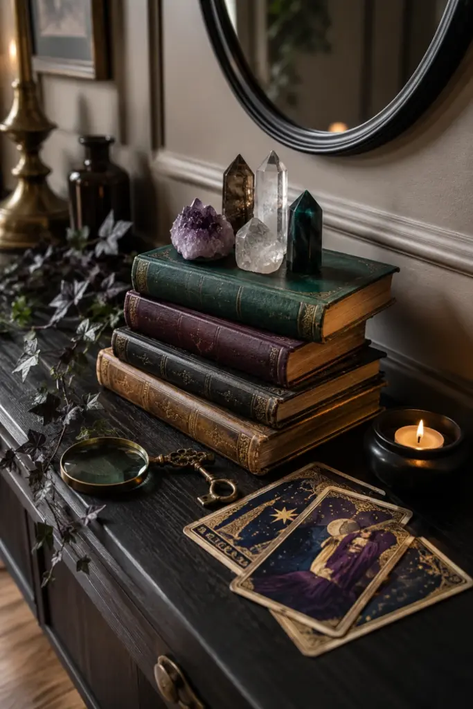 Easy Halloween entryway table decor design ideas for 2026 with stacked vintage books, crystals, tarot cards, candles, and elegant mystical entryway décor.