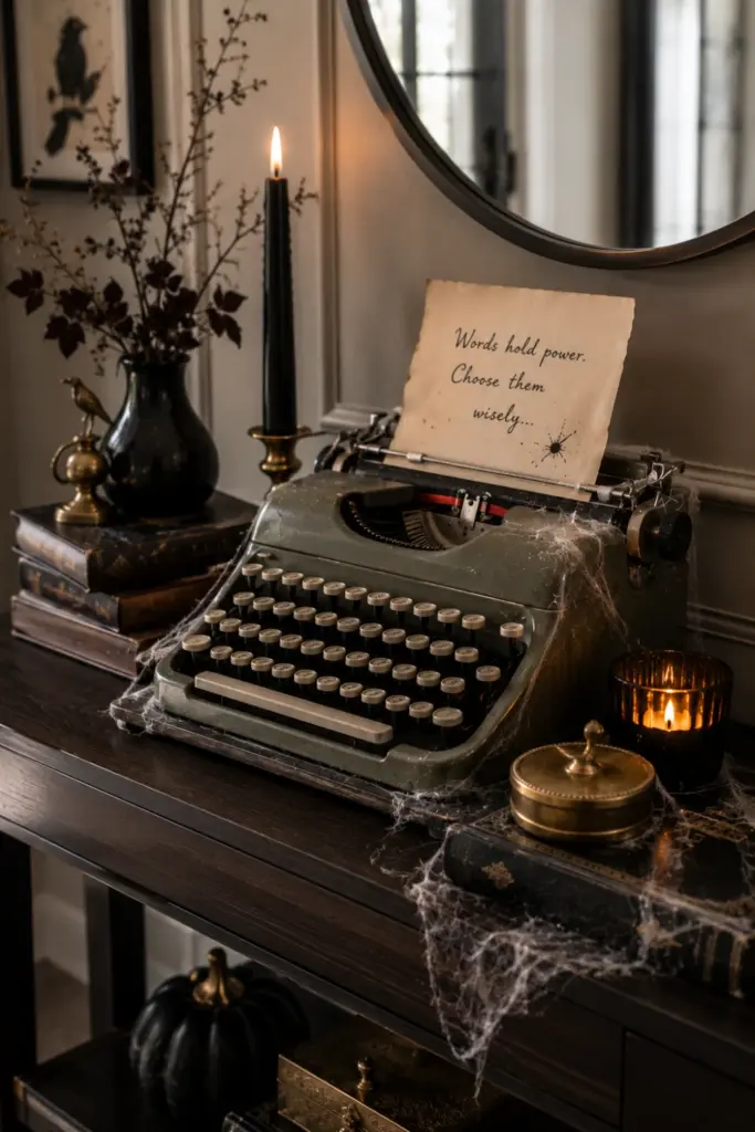 Easy Halloween Entryway Table Decor Designs Ideas for 2026 featuring a vintage typewriter with a spooky note, cobweb accents, candlelight, and contemporary entryway styling.