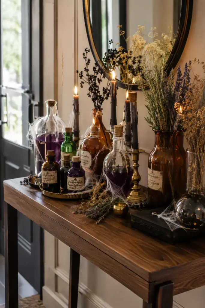 Easy Halloween Entryway Table Decor Designs Ideas for 2026 featuring a vintage witch’s apothecary entryway table with amber bottles, dried herbs, candles, and spooky details.