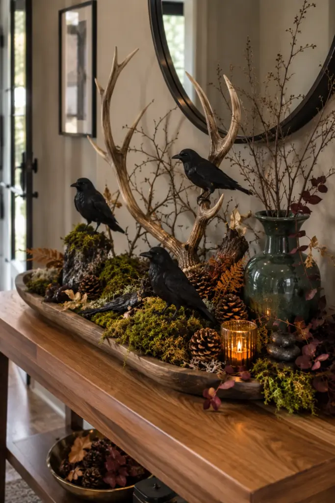 Easy Halloween Entryway Table Decor Designs Ideas for 2026 with moss, deer antlers, faux crows, branches, and modern enchanted woodland entryway decor.