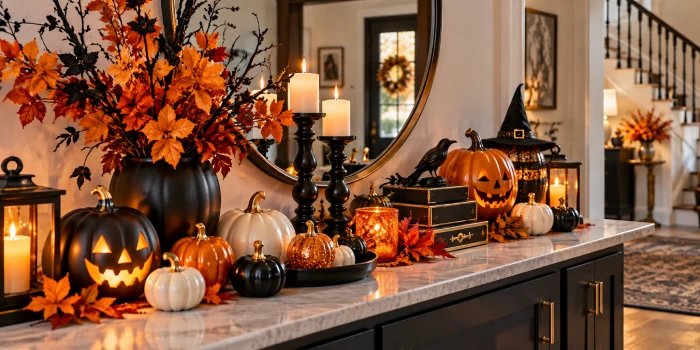 Easy Halloween entryway table decor ideas with pumpkins, candles, fall foliage, and elegant black and orange accents in a stylish foyer.
